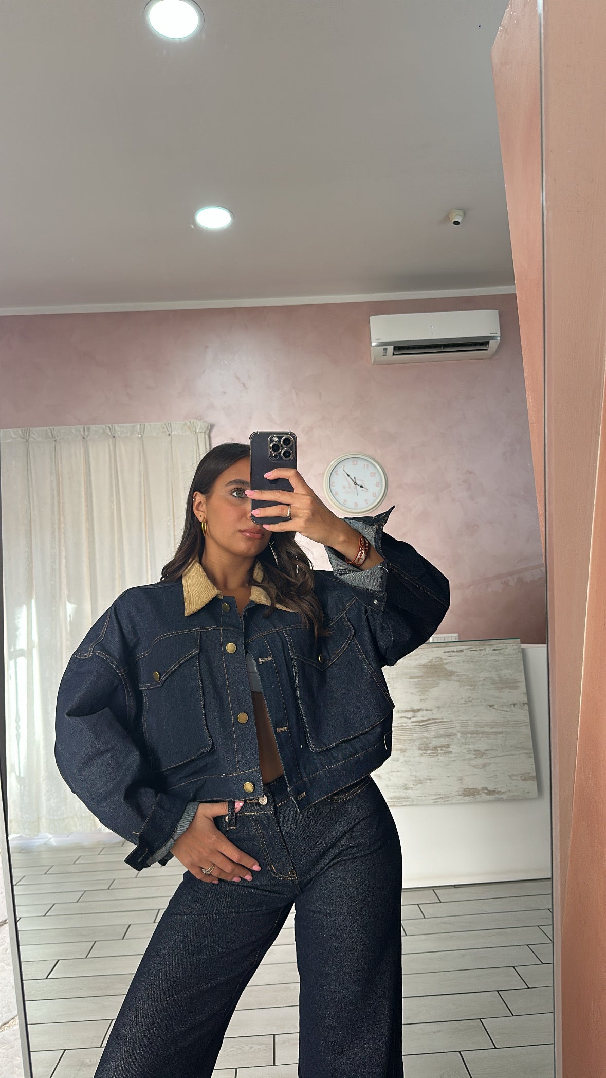 Giubbotto denim con colletto camoscio