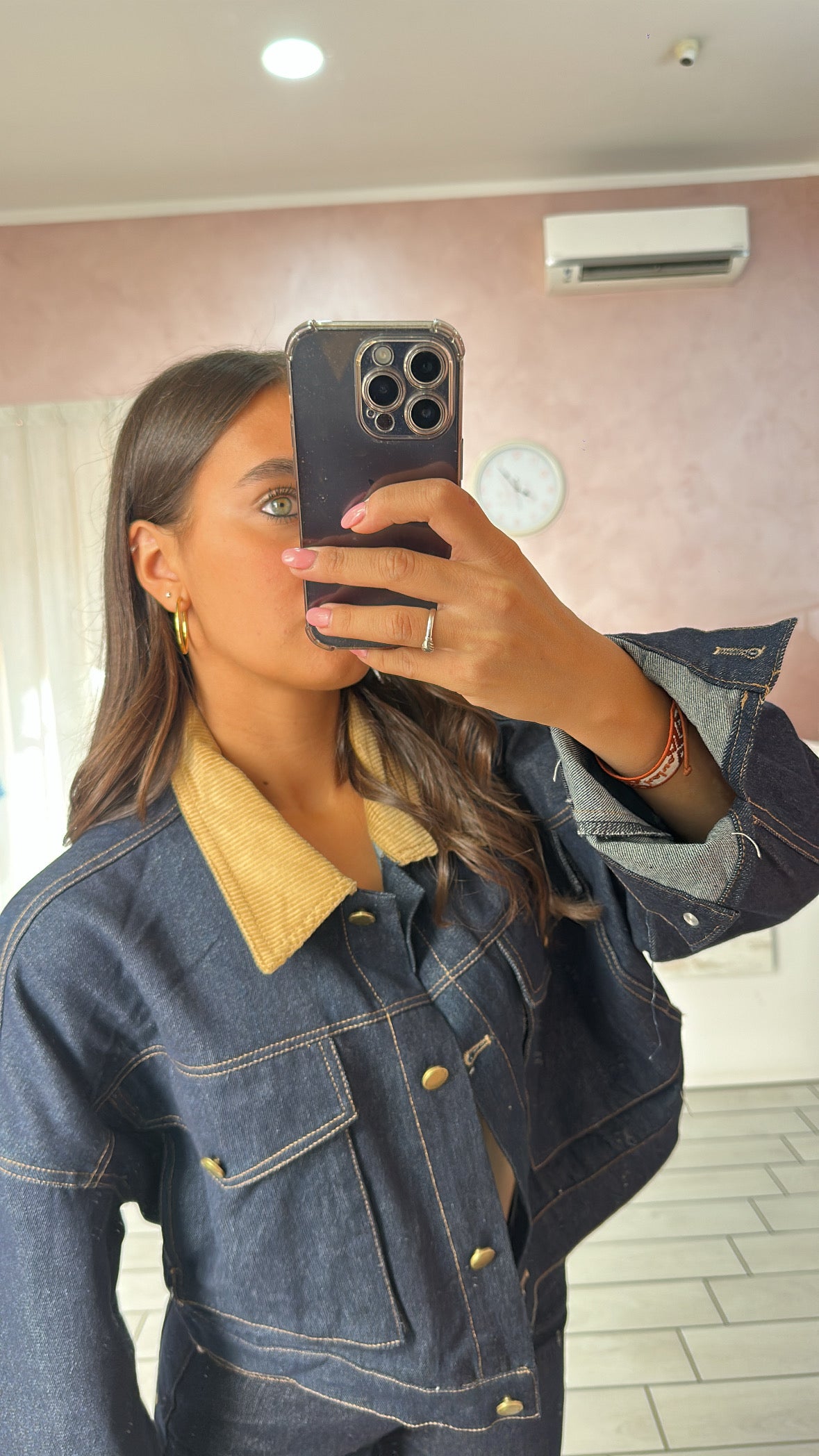 Giubbotto denim con colletto camoscio